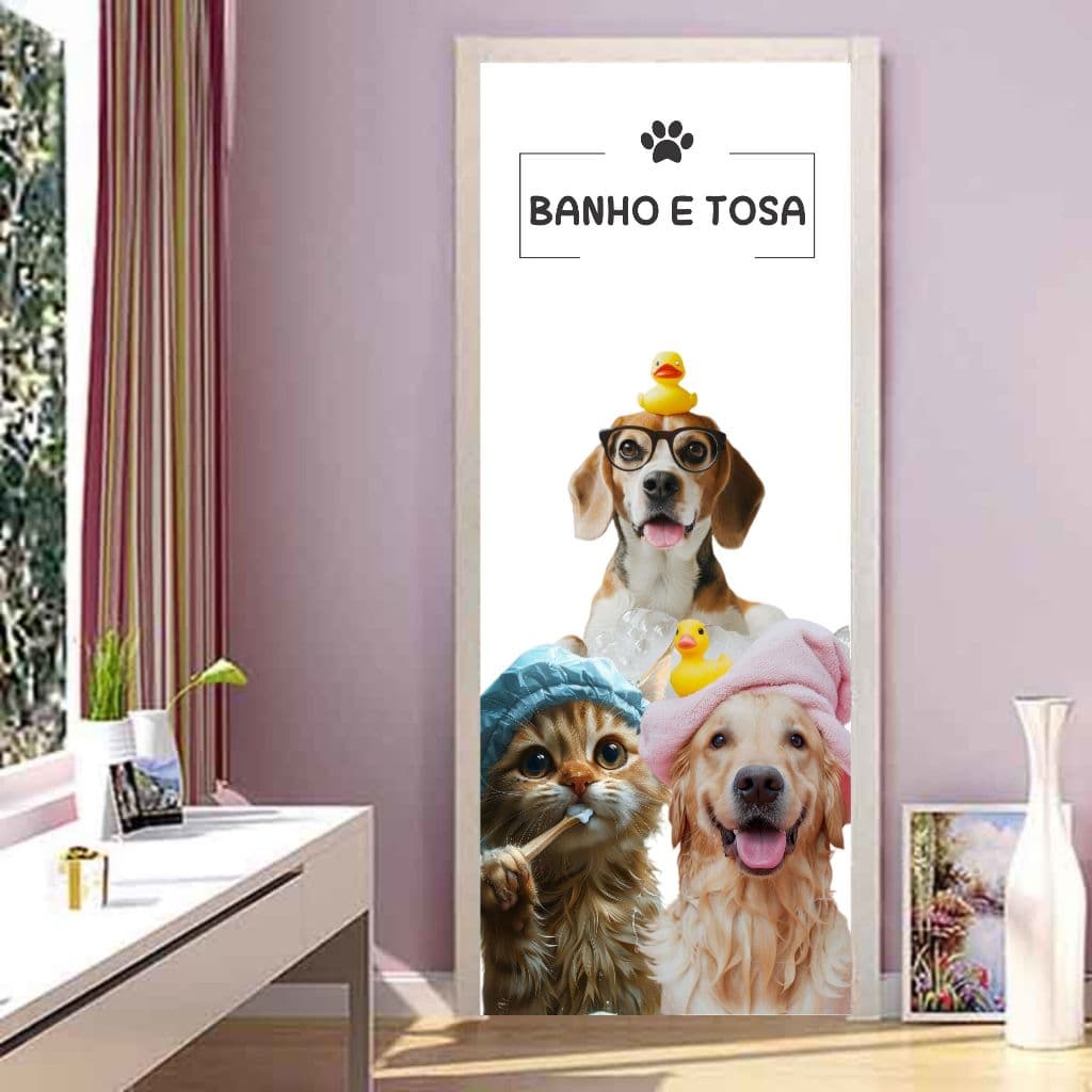 Adesivo para Porta 'Banho e Tosa' com Pets Divertidos – PT17