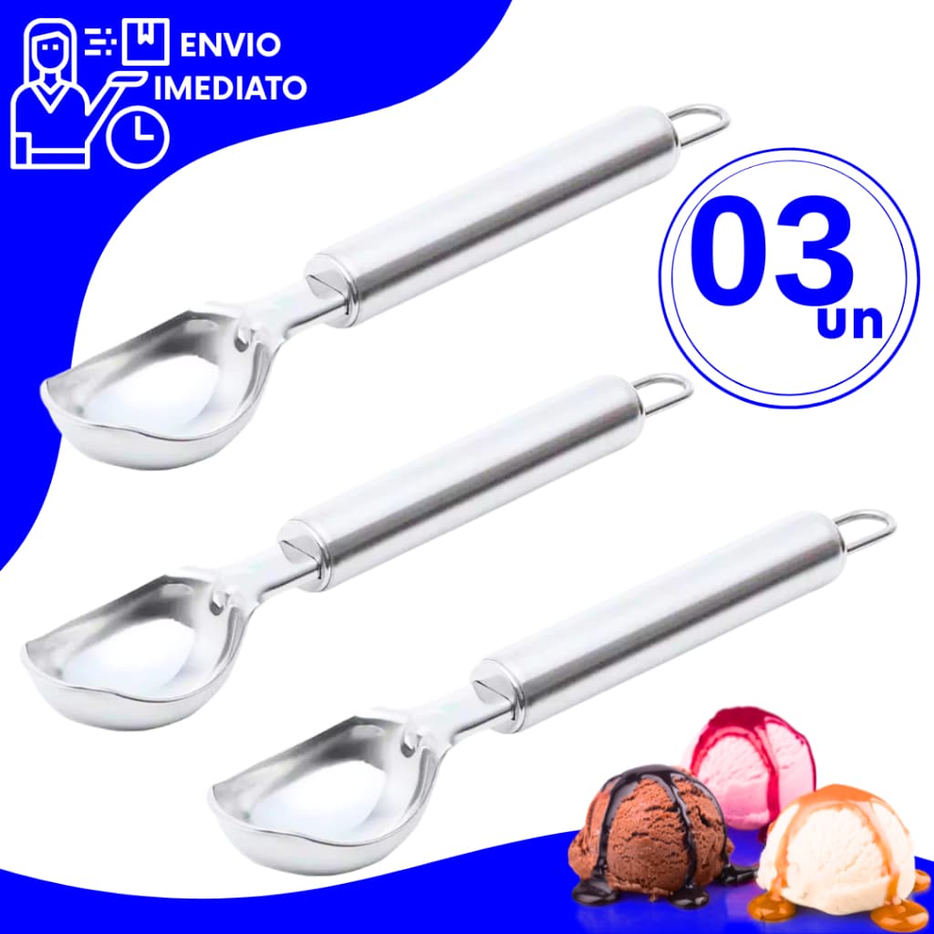 Kit Pegador Concha Colher de Sorvete Açaí Bola Aço Inox Premium de Sobremesa Sorveteria Lanchonete