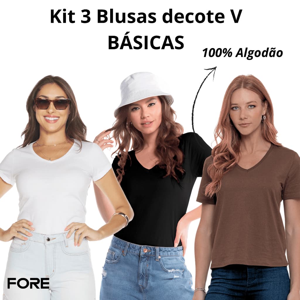 Kit 3 Blusas Femininas Básicas Decote V 100% Algodão 505261-K3
