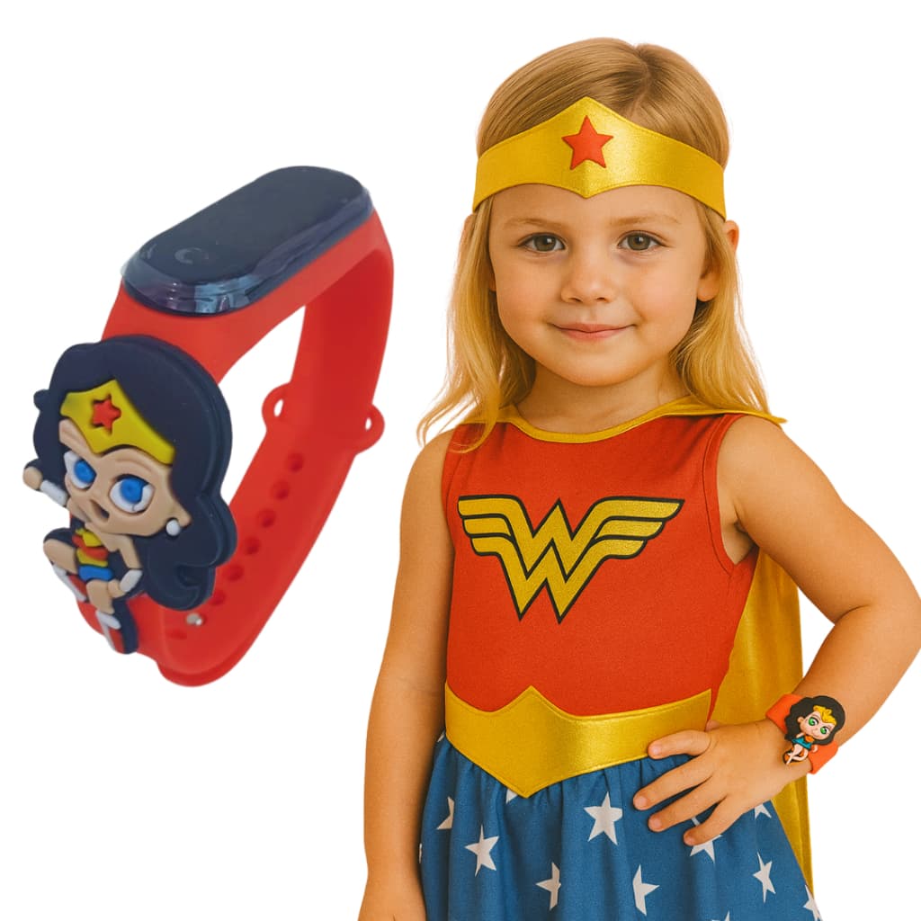Mulher Maravilha Relogio Infantil Digital Led Data & Hora