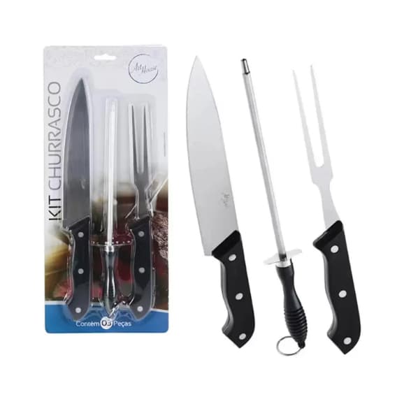 Kit Churrasco Jogo De Faca Inox e Chaira Amolador Cabo Preto