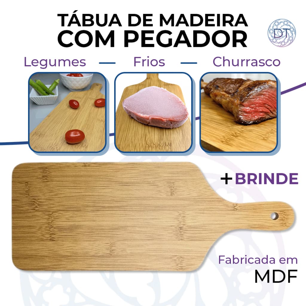 Tábua de Corte Carne Churrasco Frutas Legumes Em Madeira Com Pegador