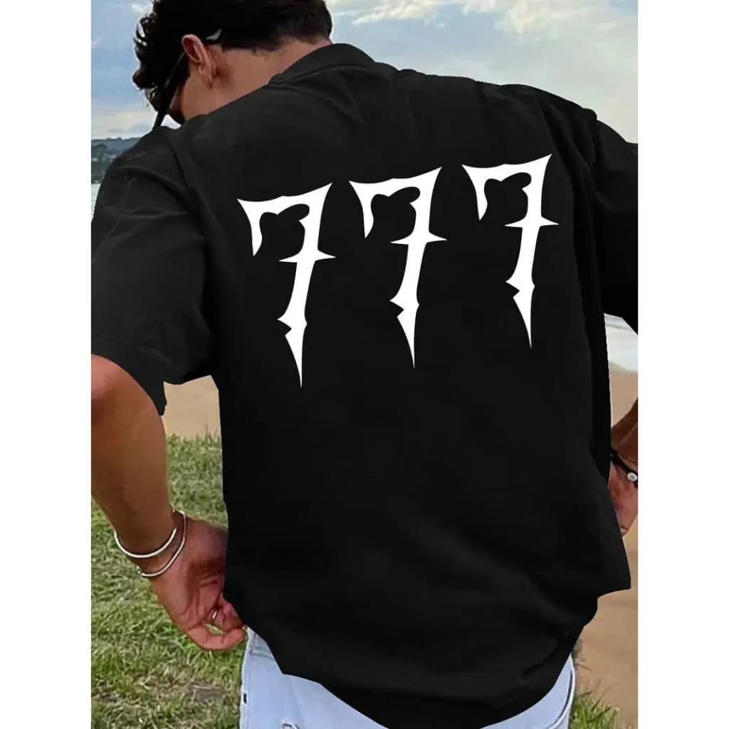 Camiseta Masculina Algodão Premium Adulto Plus Size Infantil 777 Sorte Supertição Streetwear Over