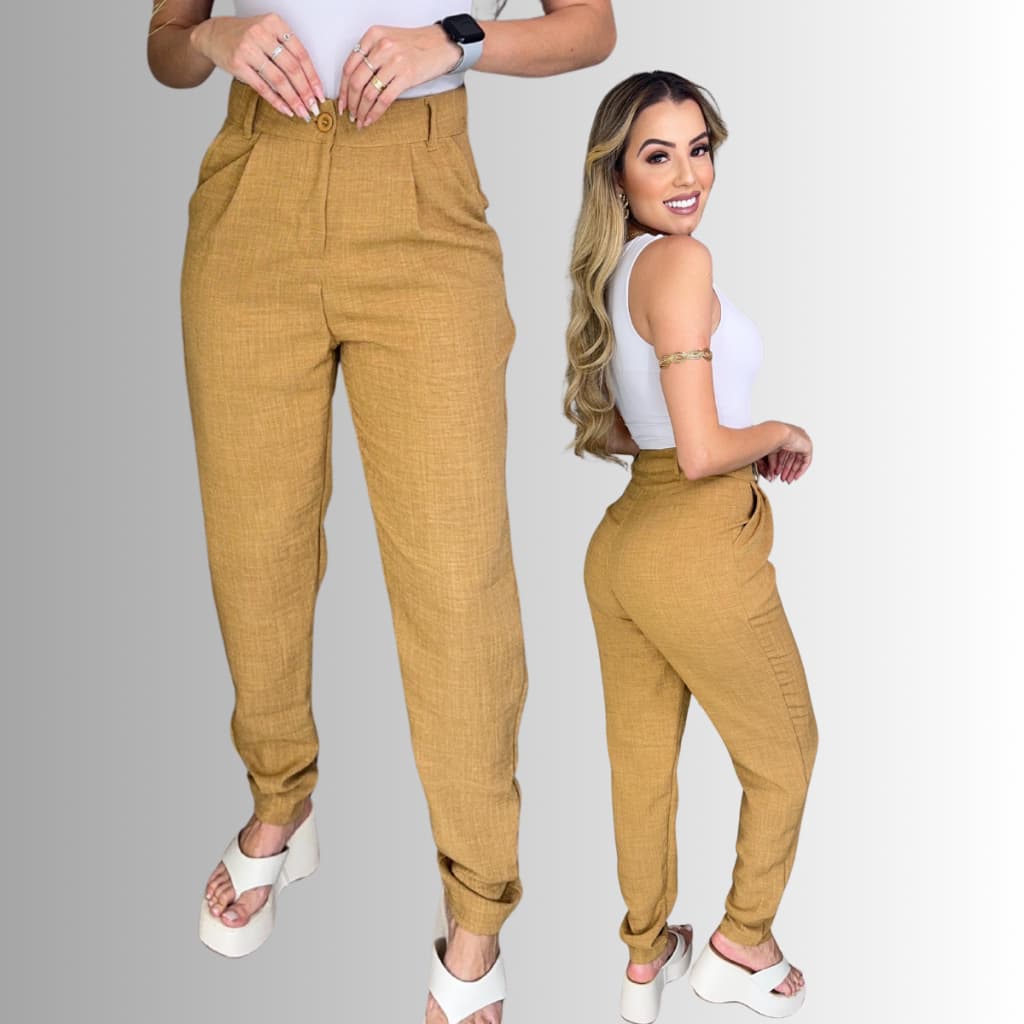 Calça de Linho Social com  Botões Casual Elegante