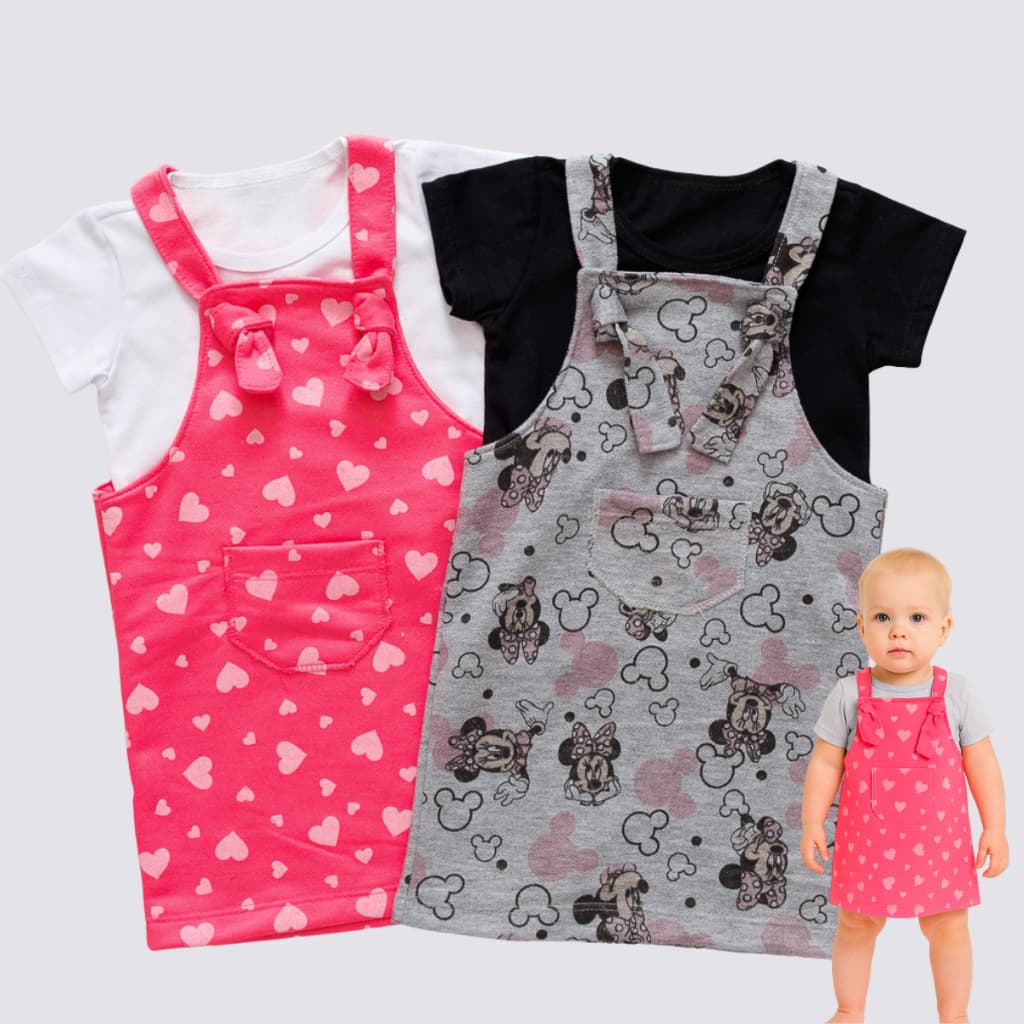 Kit 2 Vestidos + 2 Camisetas Super Qualidade Roupa de bebê menina Jardineira Salopete