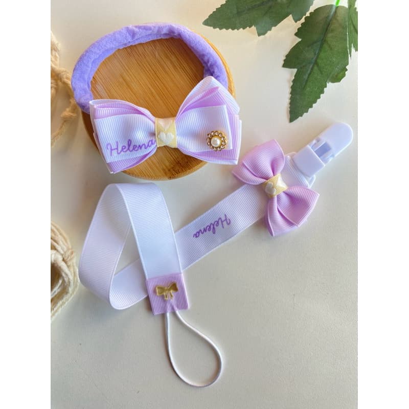 laço e prendedor de chupeta personalizado/ kit prendedor de chupeta/ faixinha bebê nome/ prendedor com nome