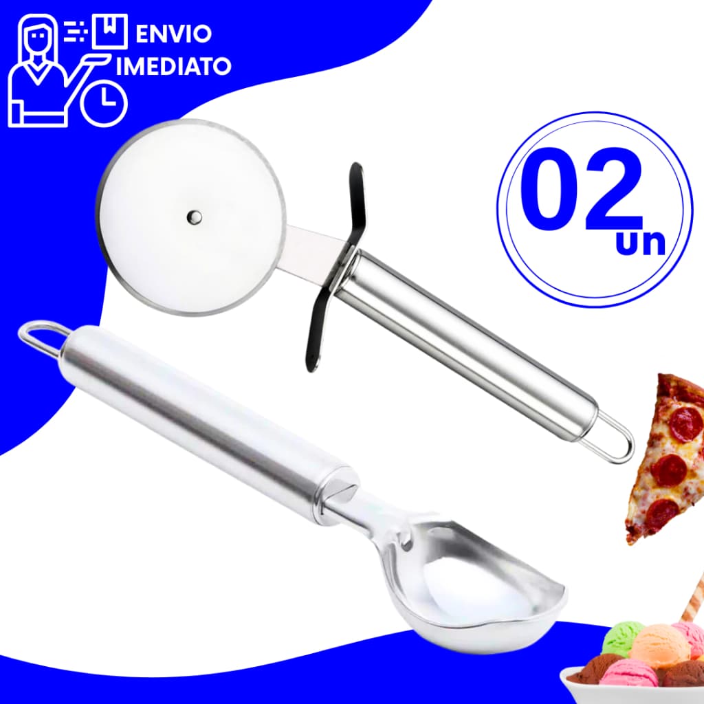 Kit Utensílios de Cozinha 2 Peças Pegador Concha de Sorvete Açai + Cortador de Pizza Aço Inoxidável