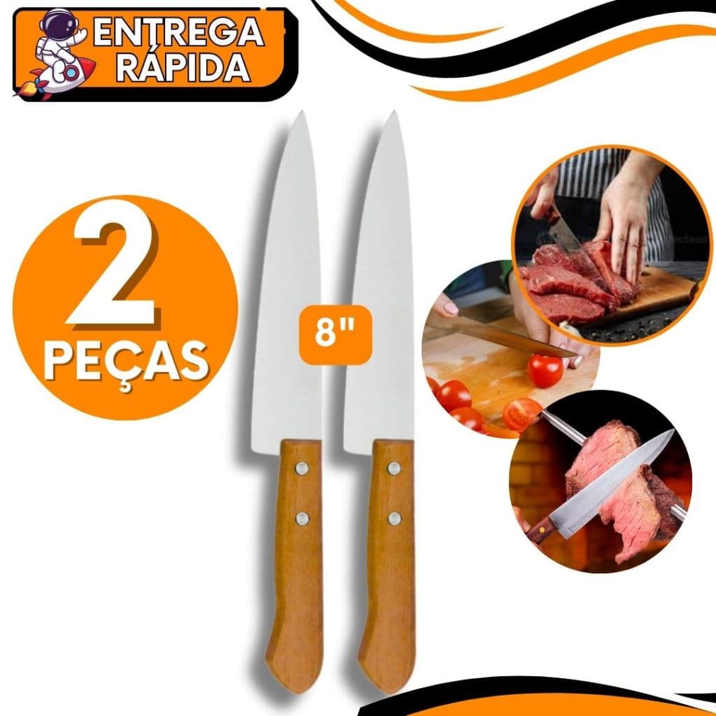 KIT JOGO 2 Faca De Cozinha Inox Profissional 8” do Chef 30cm Cabo Madeira | Para Cozinha Gourmet Carne Churrasco Corte