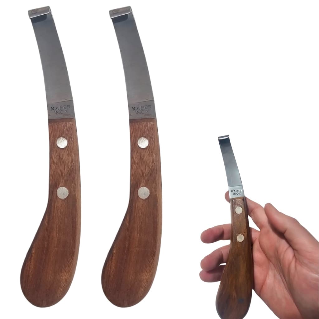 2 Rineta Para Casco Lâmina Aço Inox Corte Esquerdo Casqueamento Animal Cavalo Cabo Anatômico Madeira