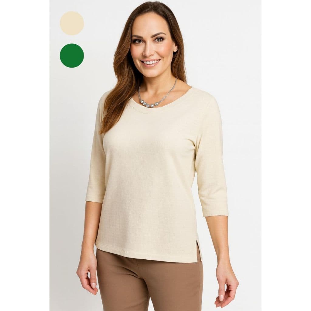 Blusa Manga 3/4 Feminina Malha Textura Linho Vicenza Soltinha Gola Canoa Elegante Social Casual Creme e Verde