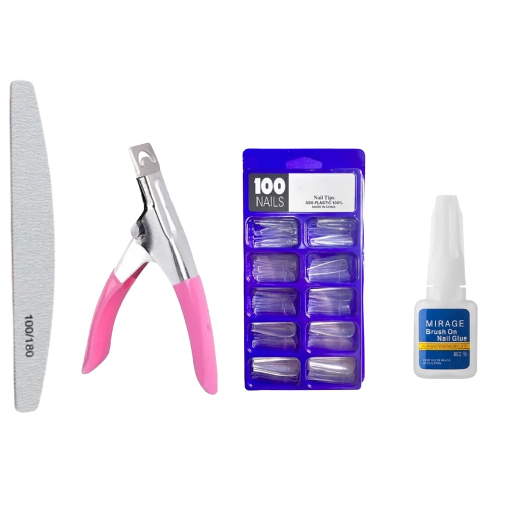 Kit Alongamento de Unhas - Alicate + Unha Bailarina Transparente + Lixa + Cola com Pincel