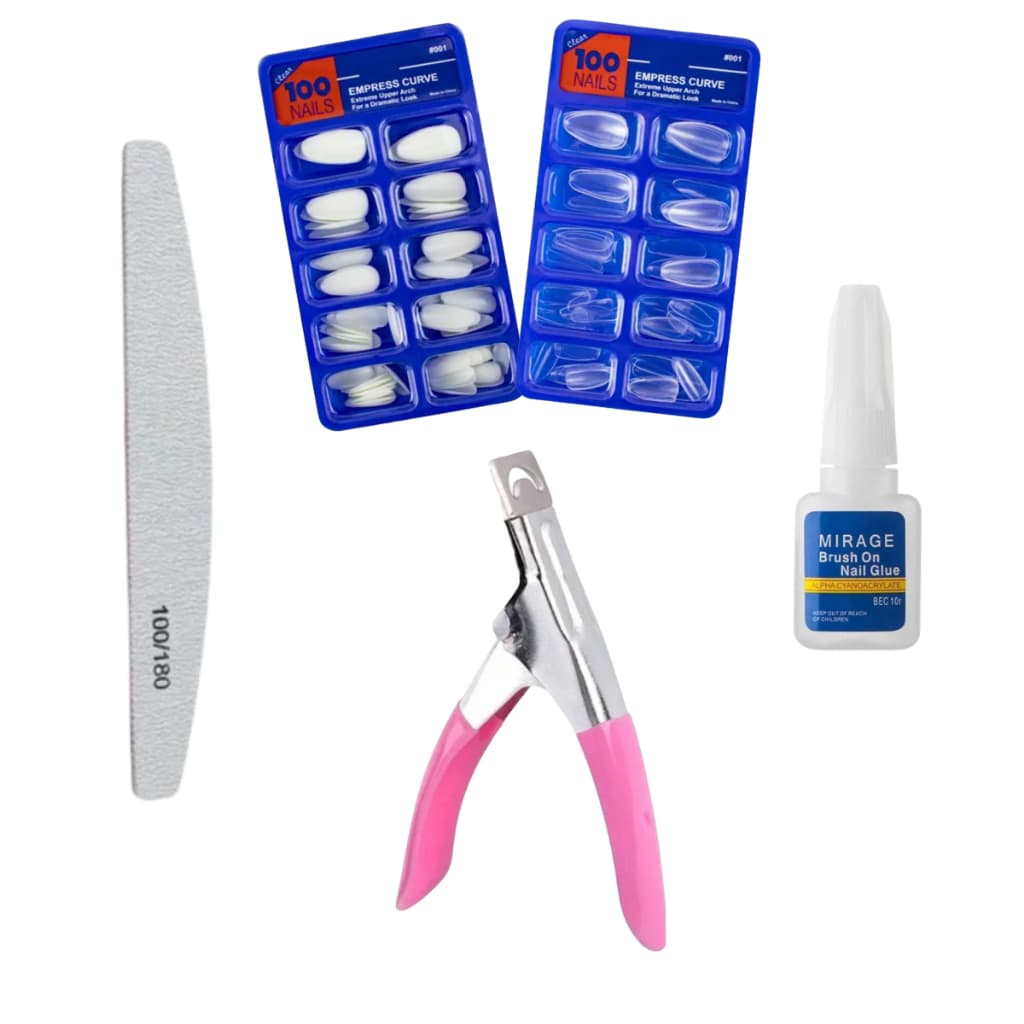 Kit Alongamento de Unha - Alicate + Unha amendoada transparente leitosa + Lixa+ Cola com Pincel