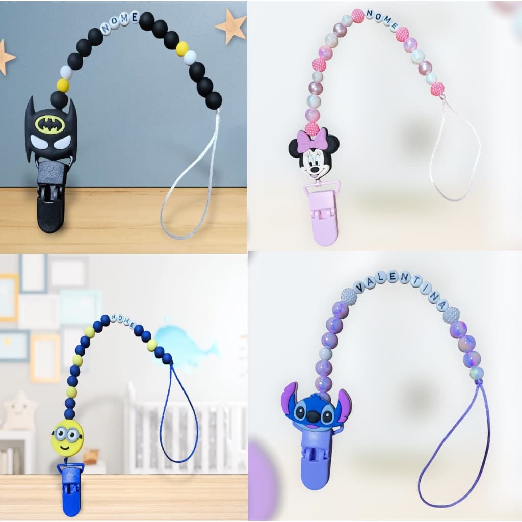 Prendedor chupeta Personalizado com nome do bebê criança  Personagens Minnie Mickey Stitch Bolofofo