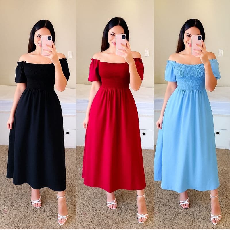 Vestido Feminino Midi Evangélico Lastex Ombro a Ombro REF:304