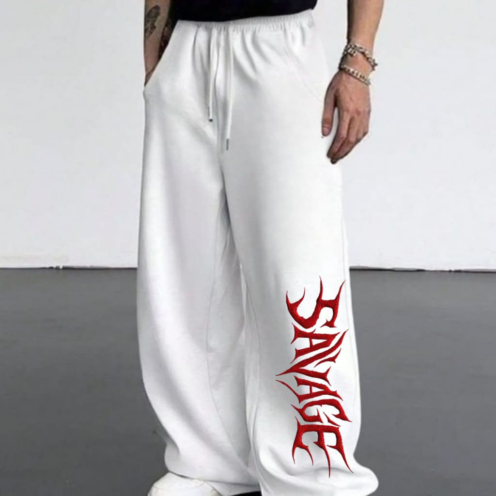 Calça Wide Leg Urban Style Moletom Confortável Unissex Estampada Savage