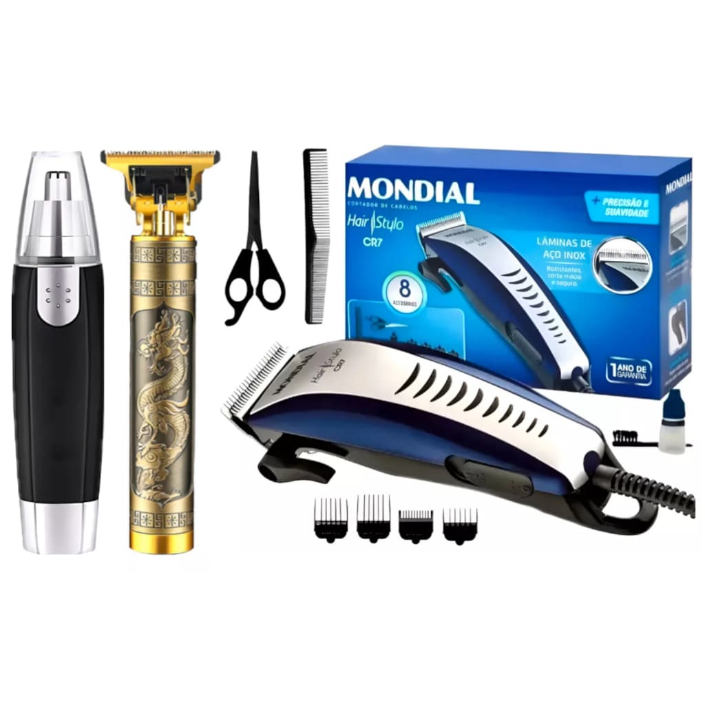 Kit Maquina de Cortar Cabelo E Barba + Maquina Dragão Acabamento Retrô Profissional + Aparador Nasal