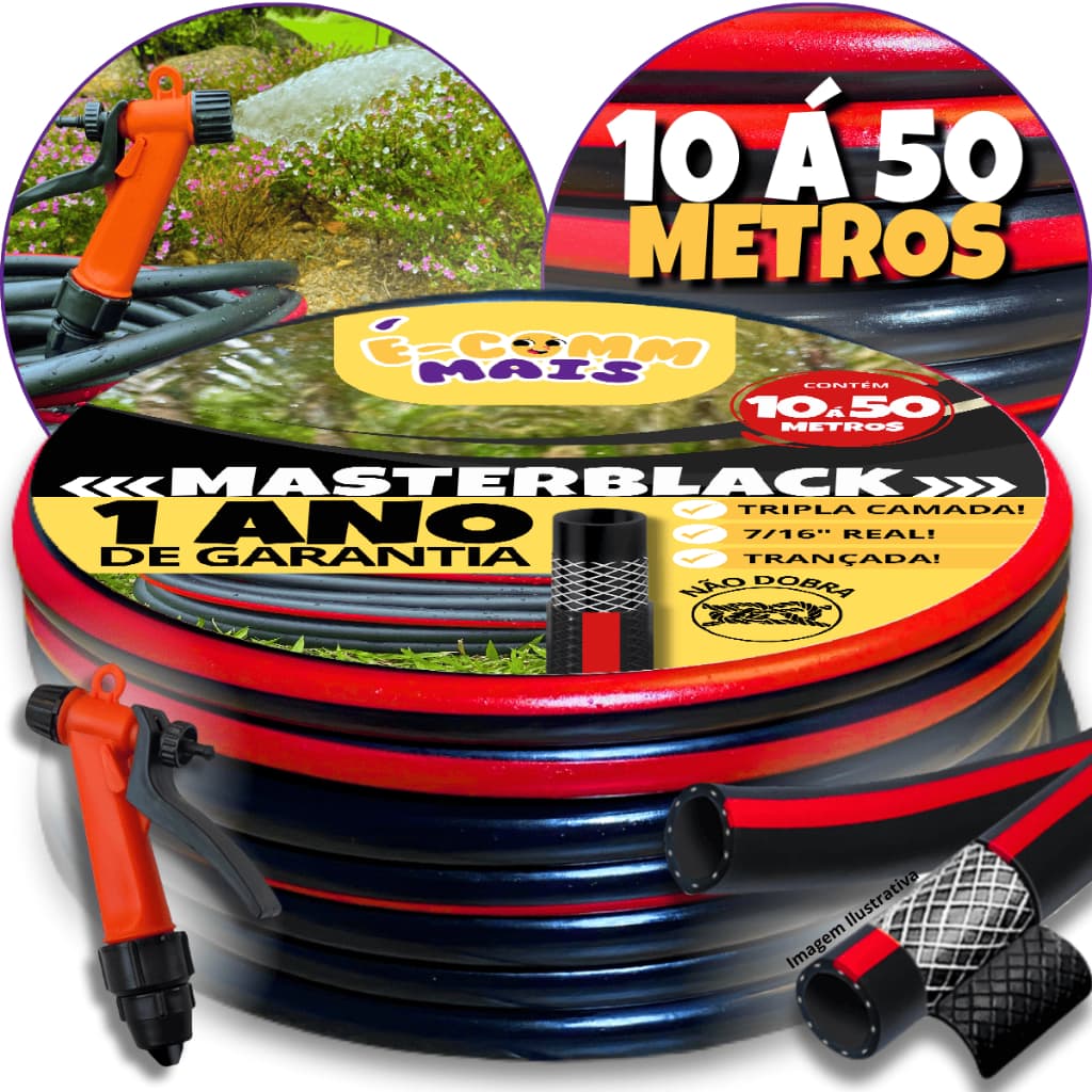 KIT MANGUEIRA DE JARDIM PRETA 7/16 REAL Acompanha Gatilho e União para torneira Trançada Antitorção