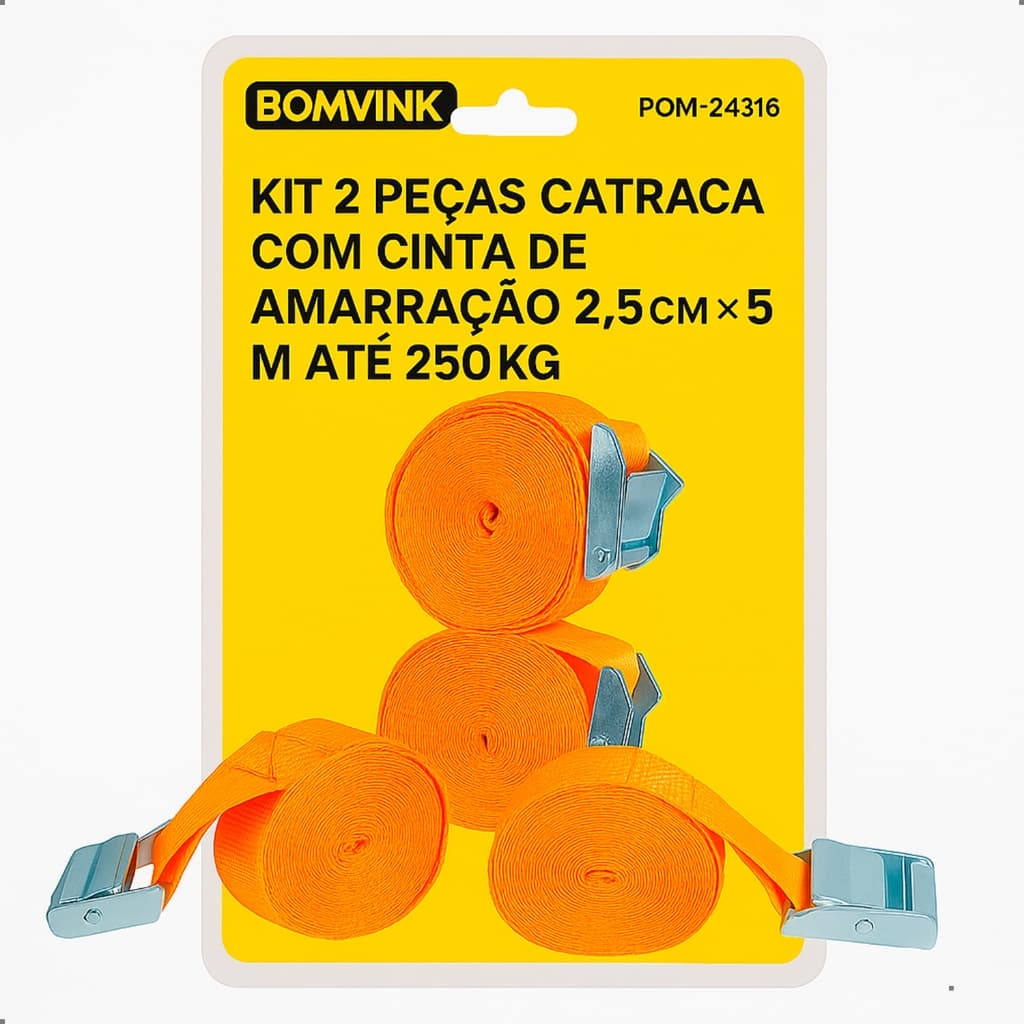 Cinta Catraca Amarração 2,5m Reforçada 250kg Laranja Pequena Presilha Bomder
