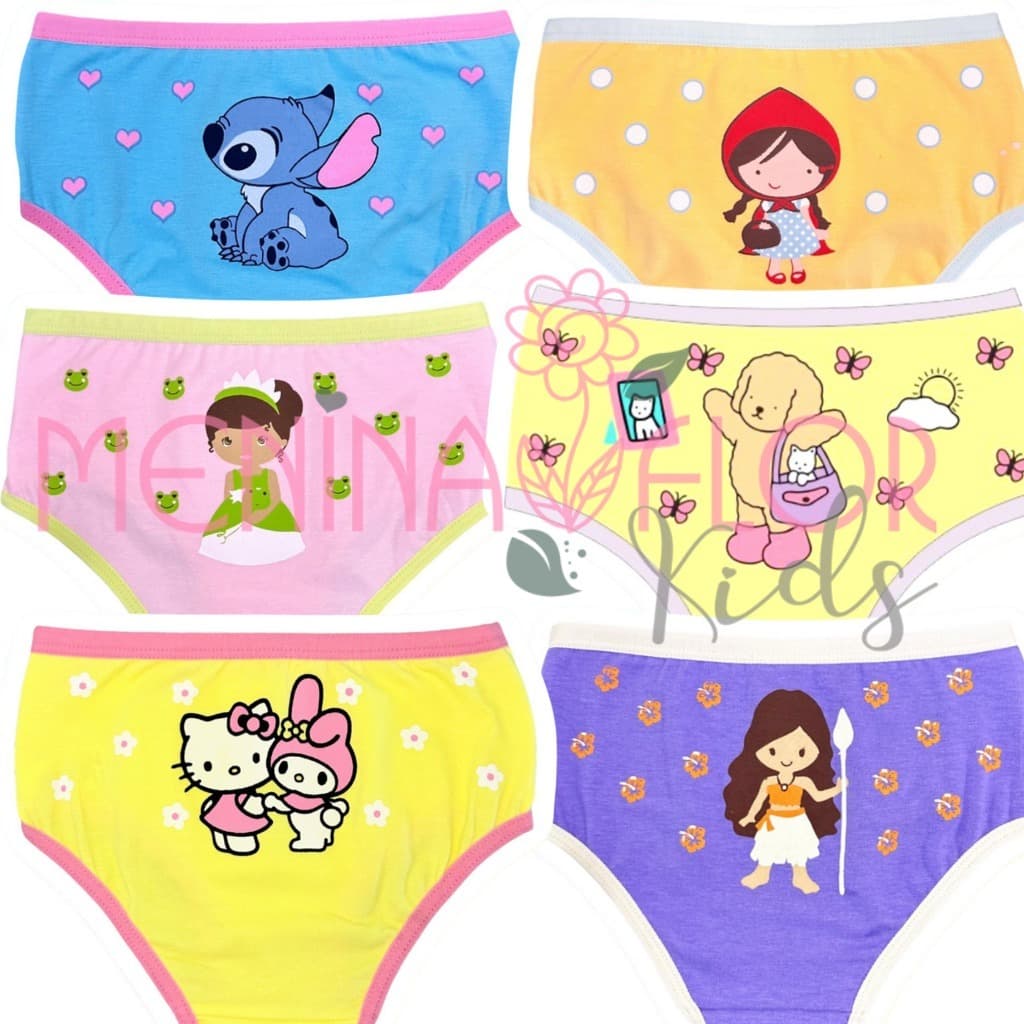 Kit com 5 PÇS Calcinha Infantil em Malha 100% Algodão, com Forro, cores Variadas Outono Inverno