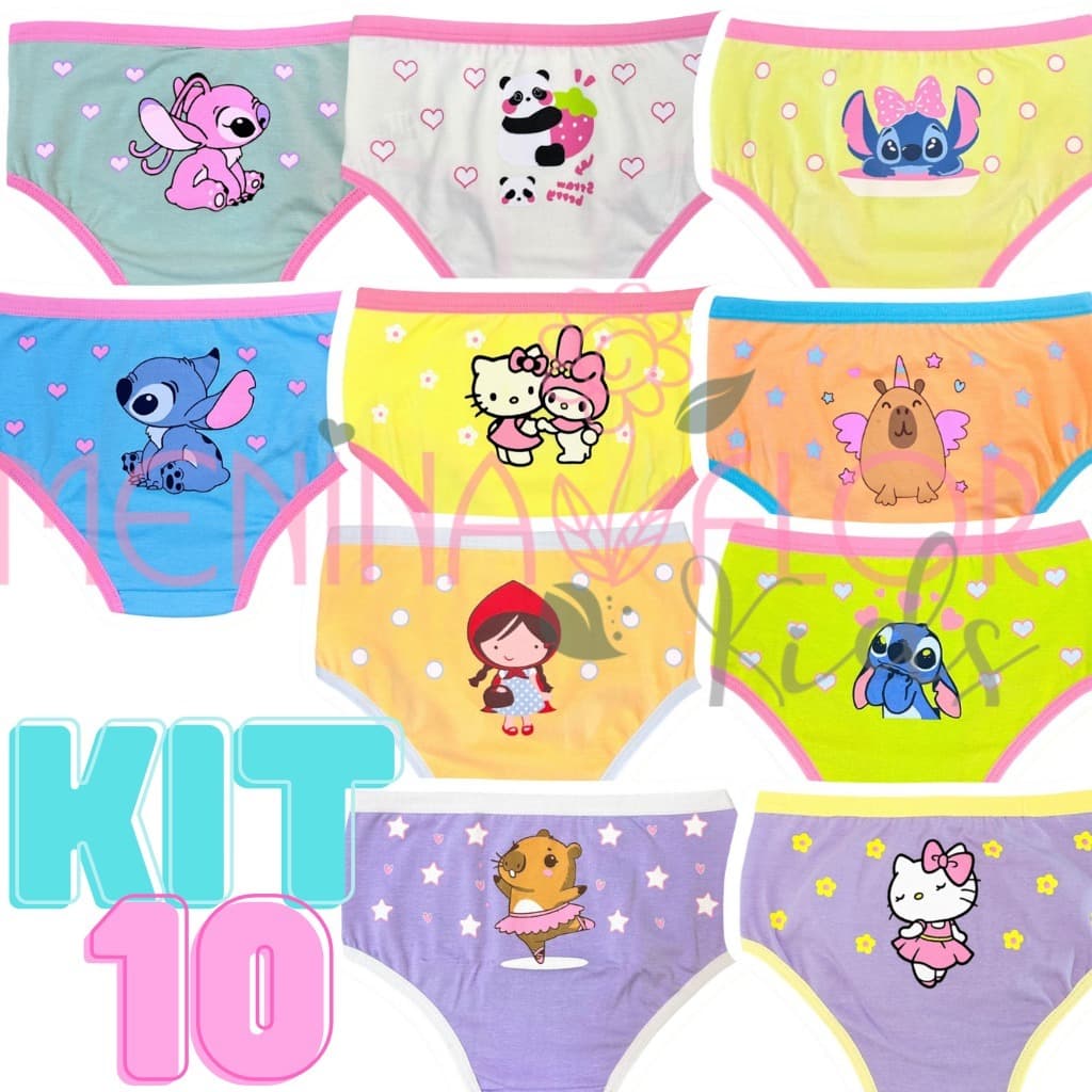 Kit 10 Calcinha Infantil Menina em Malha 100% Algodão Original , com Forro, cores Variadas