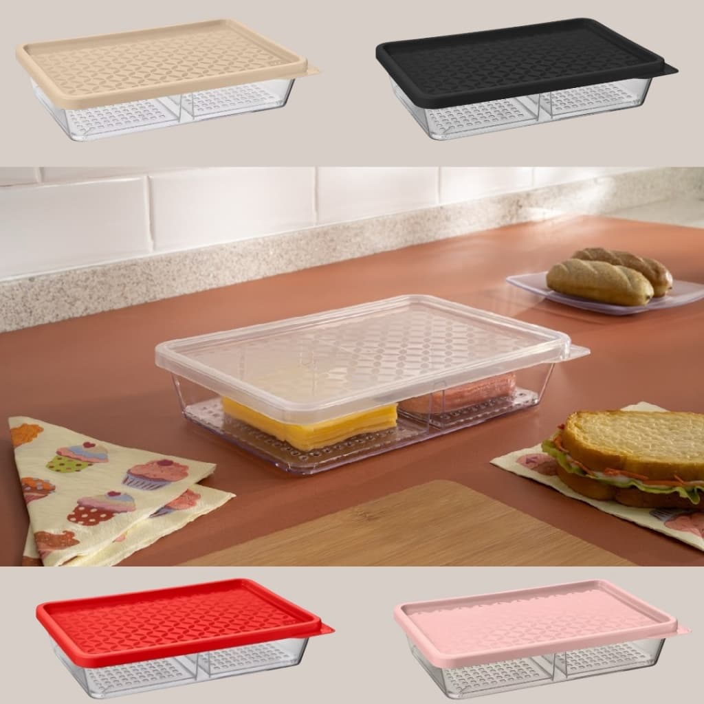 Uz  - Organizador Duplo Acrílico Porta Frios Geladeira Pote Escorredor Tela Tampa Presunto e Queijo Várias Cores