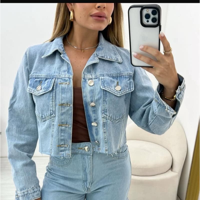 Jaqueta Jeans Cropped Jeans Claro Modelo Novo