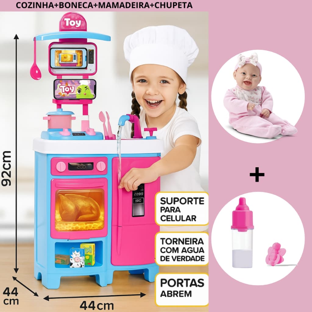 Cozinha Infantil Grande Completa Com Geladeira Menina Sai Água de Verdade 92 Cm Boneca Com Chupeta