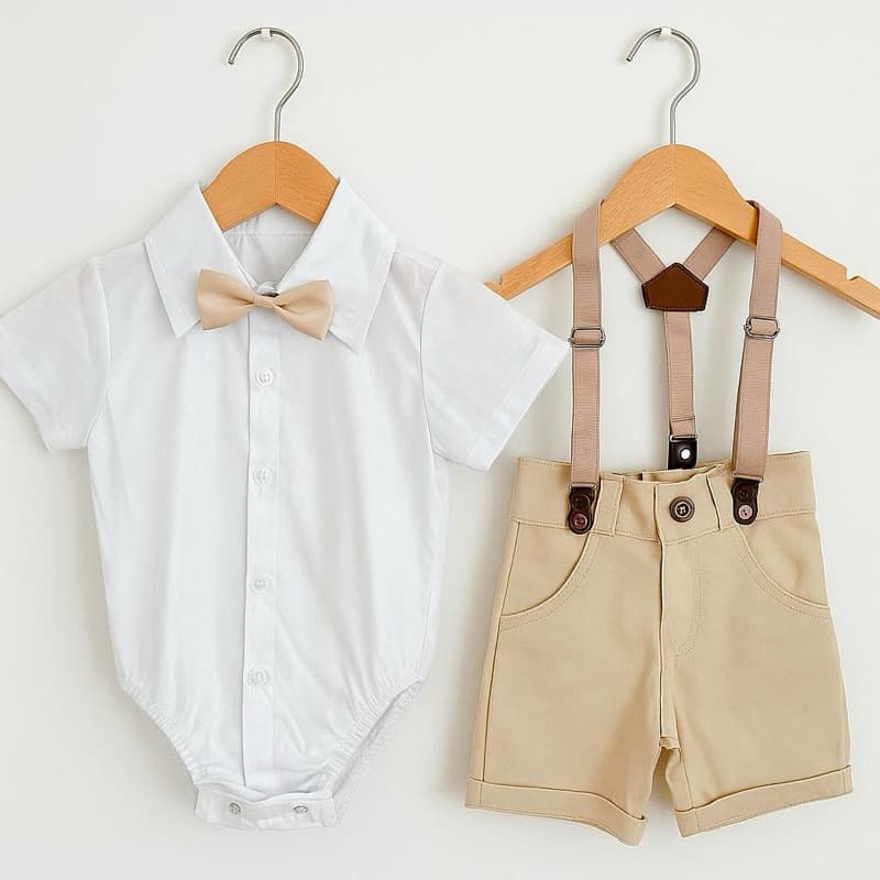 conjunto menino pagem pajem batizado suspensório Body bebê branco, bege e azul