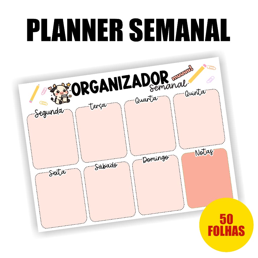 Planner semanal de Mesa 2026 - Blocado com 50 Folhas Destacáveis Anotações Vaquinha Organização