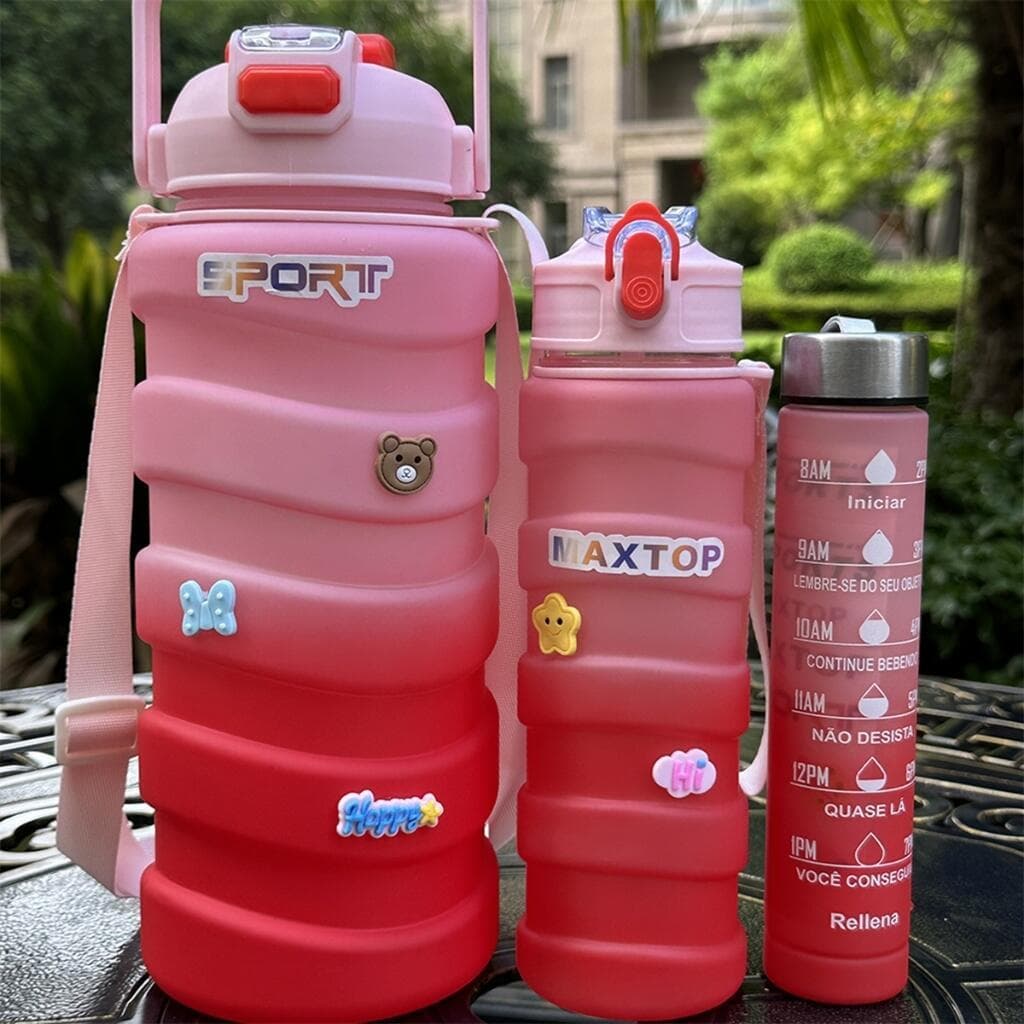 kit garrafa 3 em 1 decorada, com acessórios feminina e masculia, fitness
