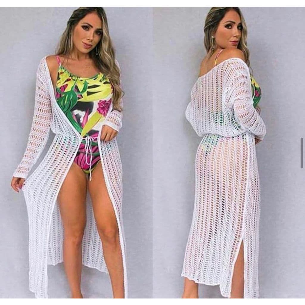 Saída de Praia Feminino Manga Longa Tricot Verão Promoção Estilo Estilosa Transparente Blogueira