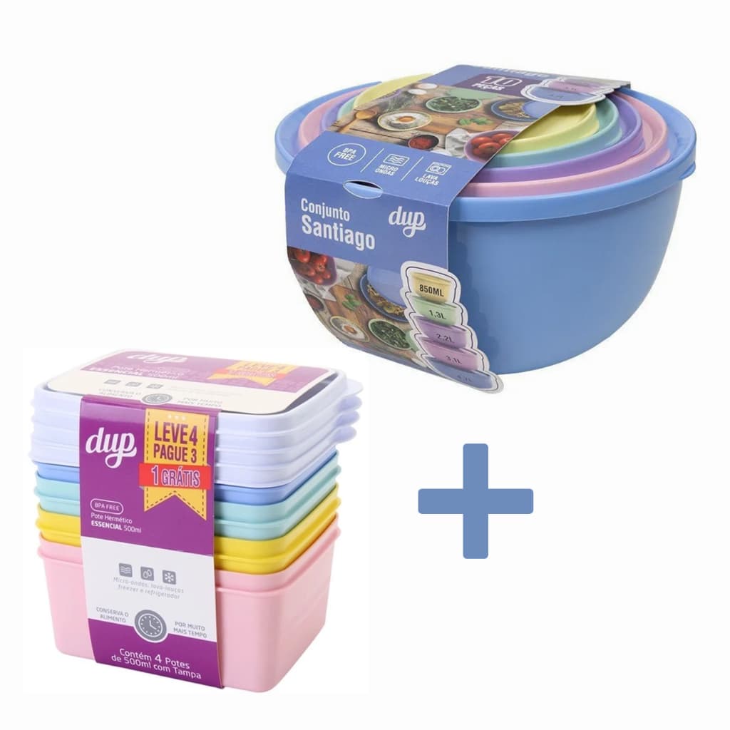 Jogo de Tigelas Santiago + Potinhos herméticos Essencial 500ml DUP - Empilháveis, Potes, Micro-ondas