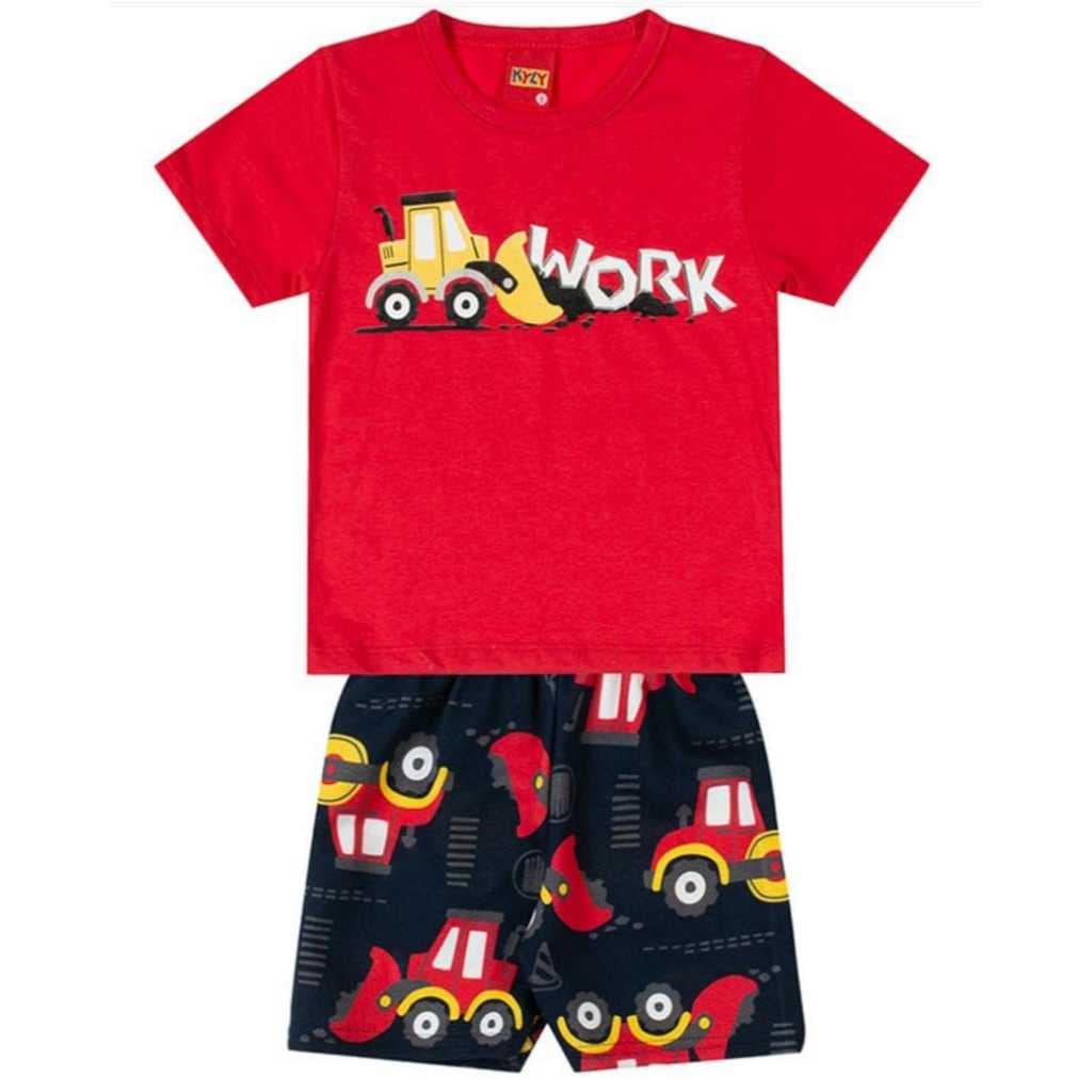 Conjunto Infantil Menino Camiseta M/Malha Bermuda Em Moletom S/Felpa Retroescavadeira Kyly