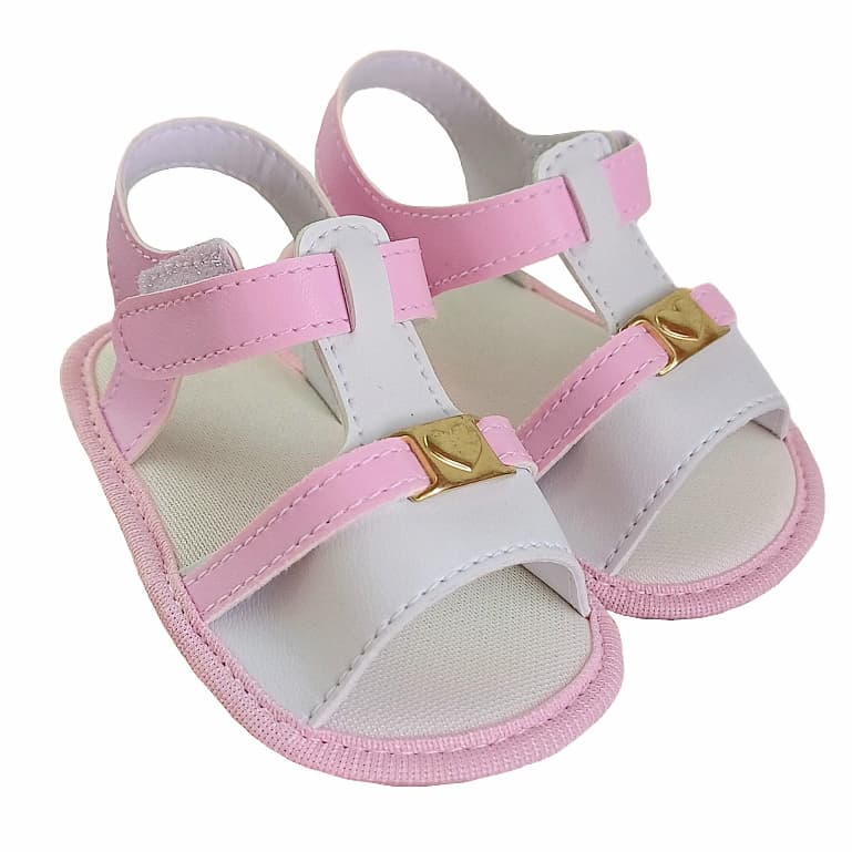 Sandália Bebê Menina Rosa com Coração Dourado Macia Confortável Antiderrapante Dia a Dia Promoção