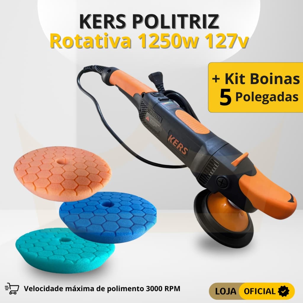 Politriz Automotiva Kers 1250W Profissional Com Kit Completo De 3 Espumas Para Corte Refino E Lustro