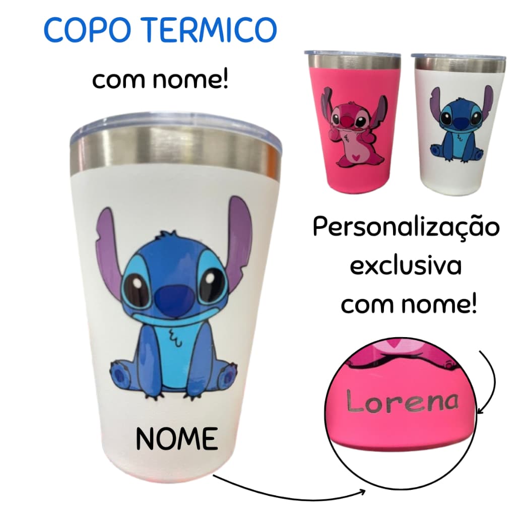 CopoTérmica personalizada com NOME Stitch tampa Acrílico com trava antivazamento 350ML Adulto infantil escolar agua café