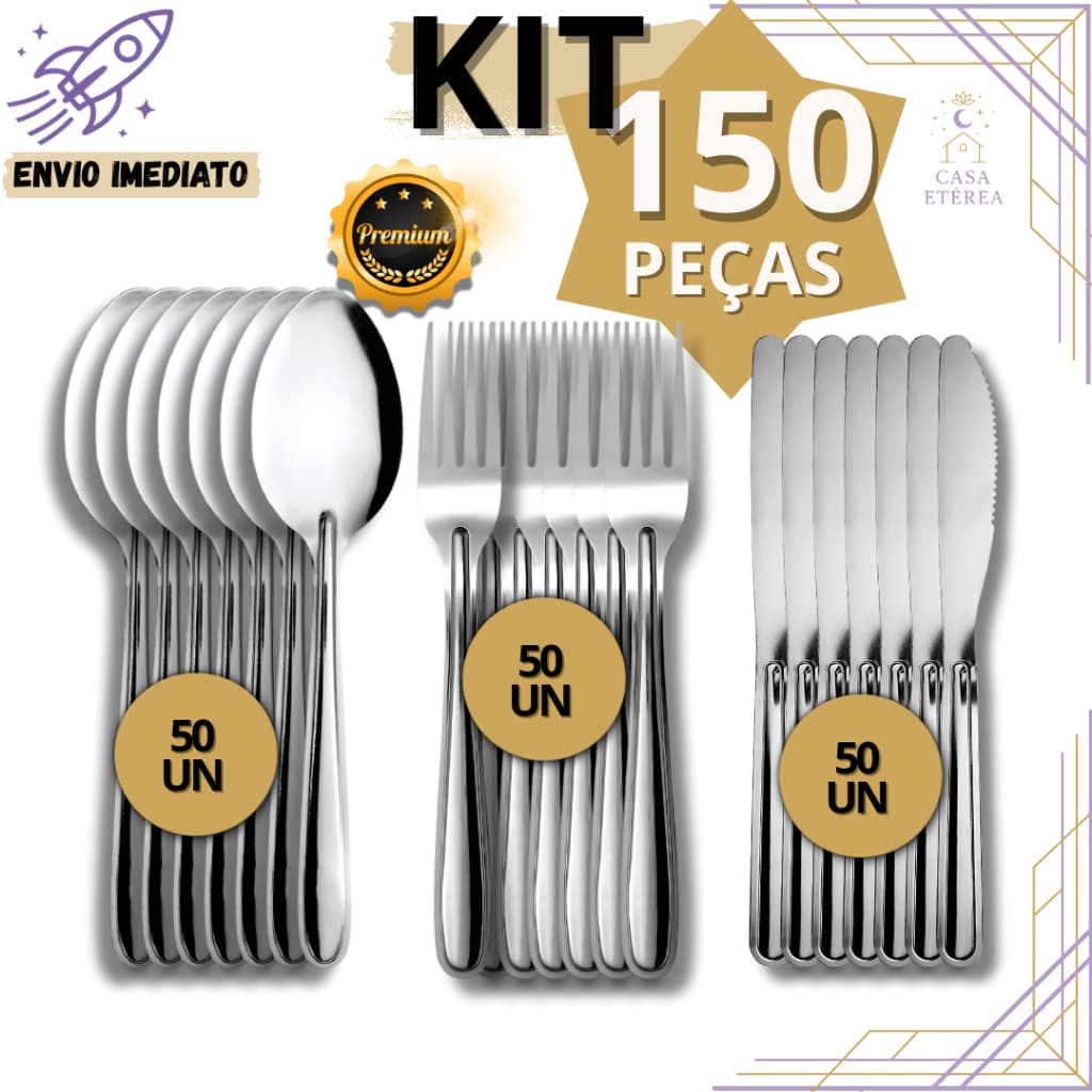 Kit 150 Talheres Inox Premium Facas Colheres Garfos de Mesa para Cozinha Restaurantes Buffet