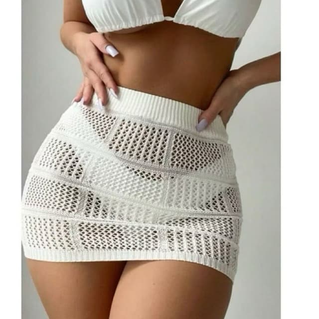 Saída Saia Moda Praia Curta Ponto Crochê Cintura Alta Rendada Tricot Furos