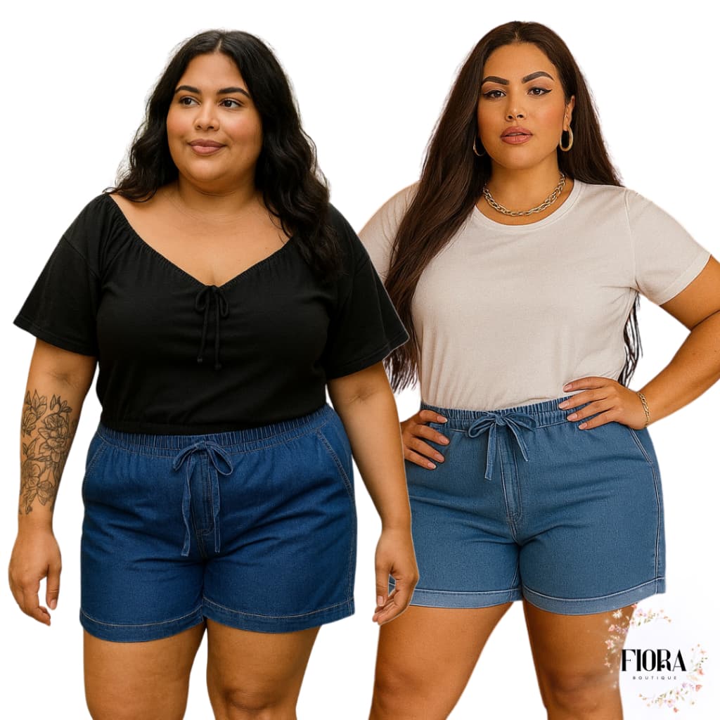 Kit 2 Shorts Jeans Feminino Do 42 Ao 56 Plus Size Com Lycra Cintura Alta Laço Verão Confortavel