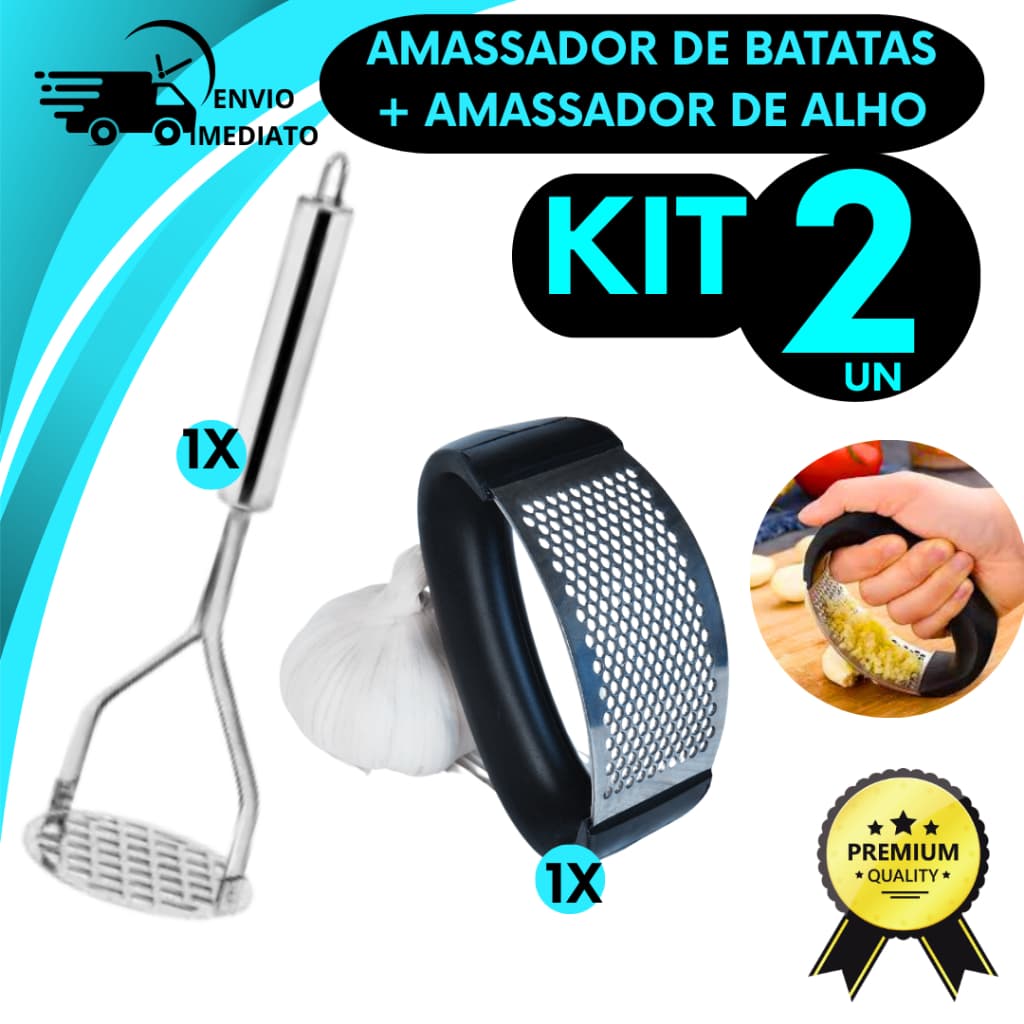 Kit 02 Peças Utensílios Cozinha Amassador de Alho + Amassador De Batatas Espremedor Prensa Esmagador