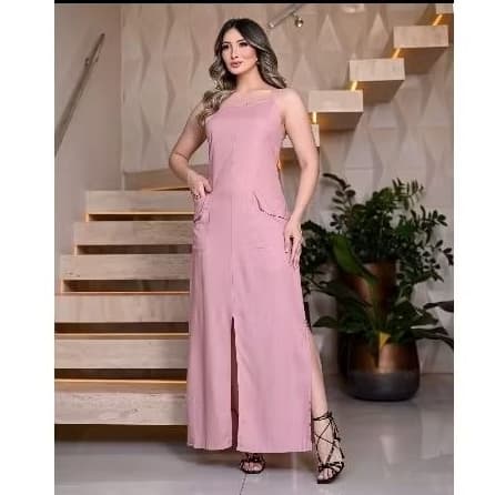 vestido de linho com bolsos lançamento 2025 de alça com fenda  frontal