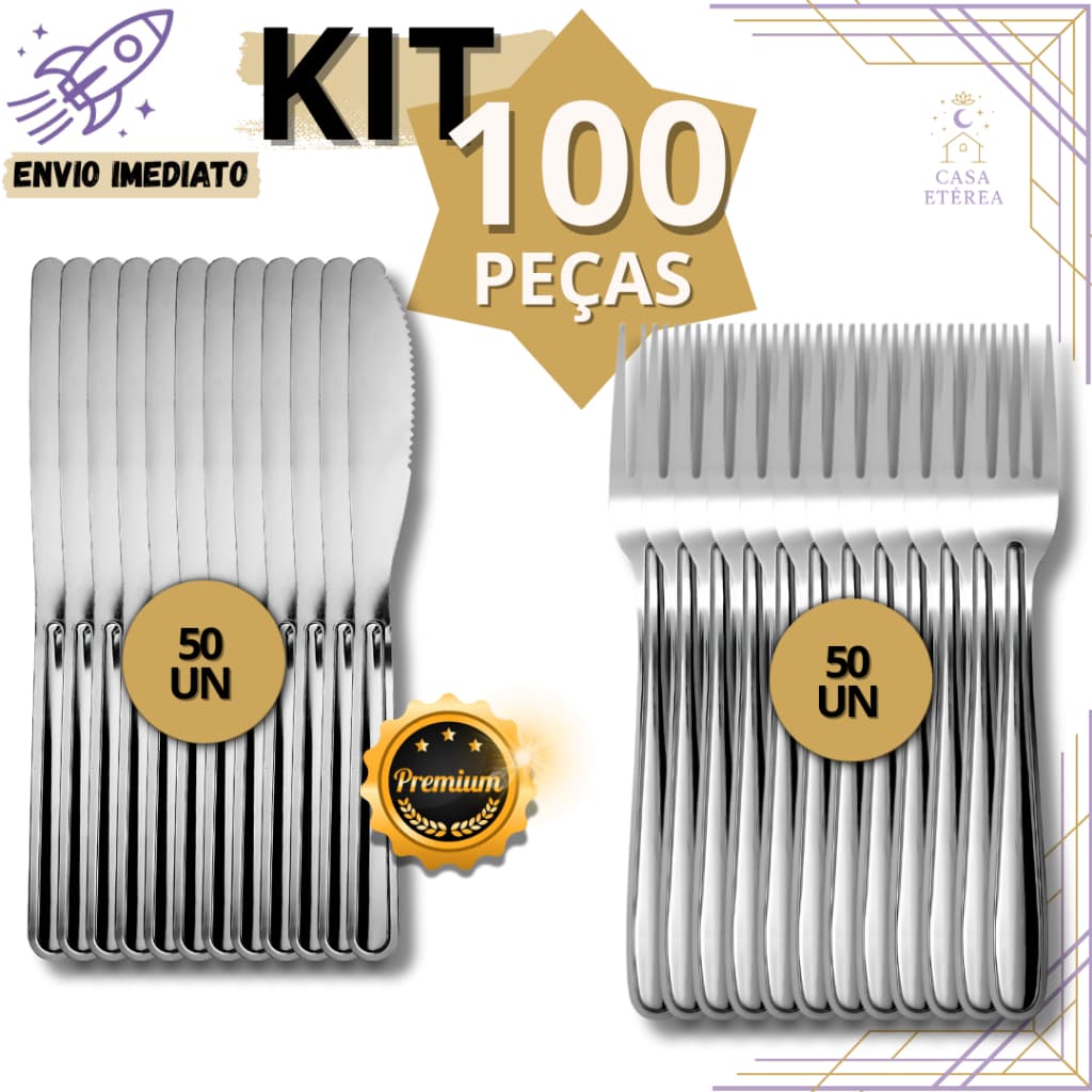 Kit 100/84/72/48/36 Talheres de Inox Premium Garfos de Mesa Facas com Serra sem Ponta Talher Cozinha Restaurante Buffet