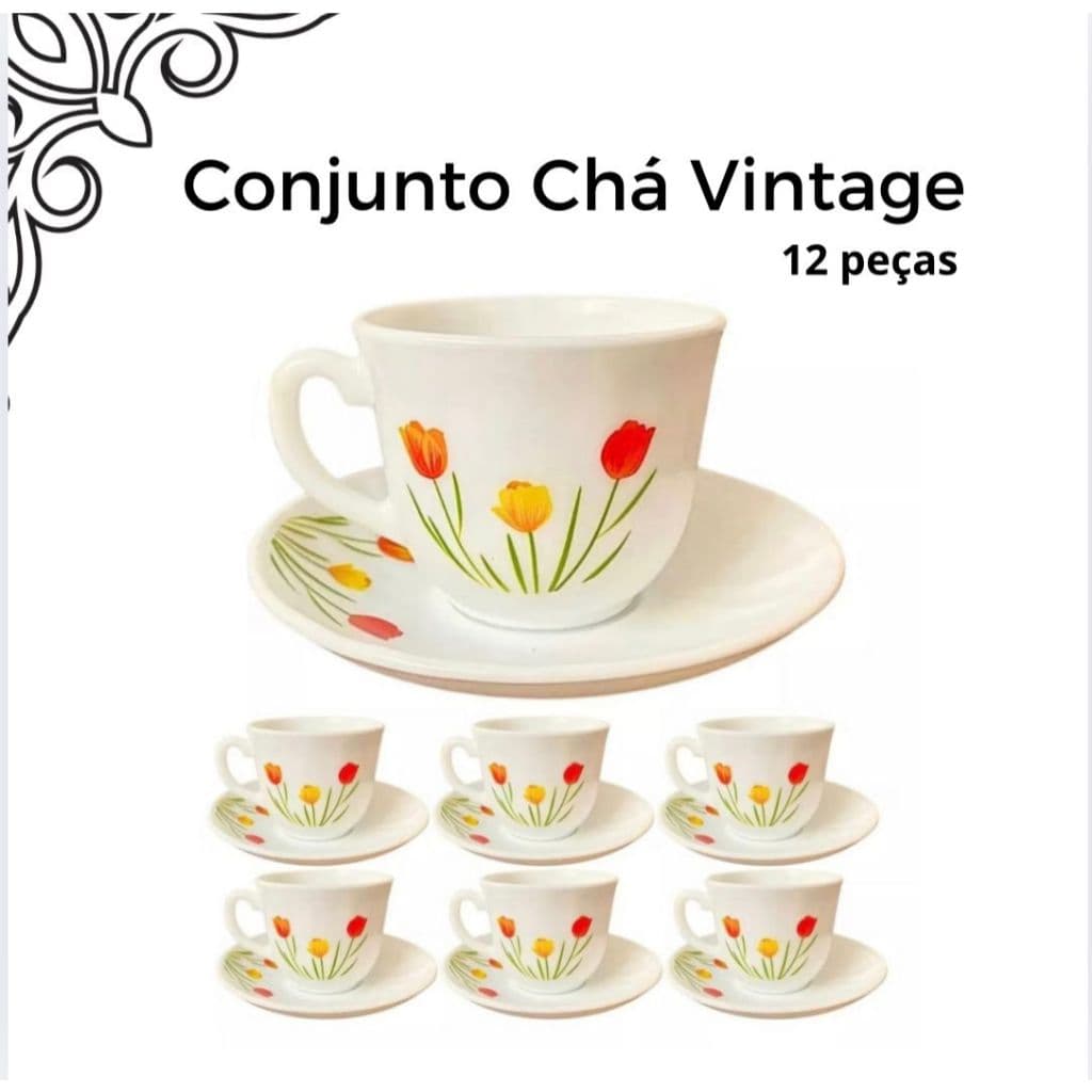 Jogo 12 peças de CHÁ VINTAGE  ( 6 xicaras e 6 pires) 220ml mesa posta Opalware