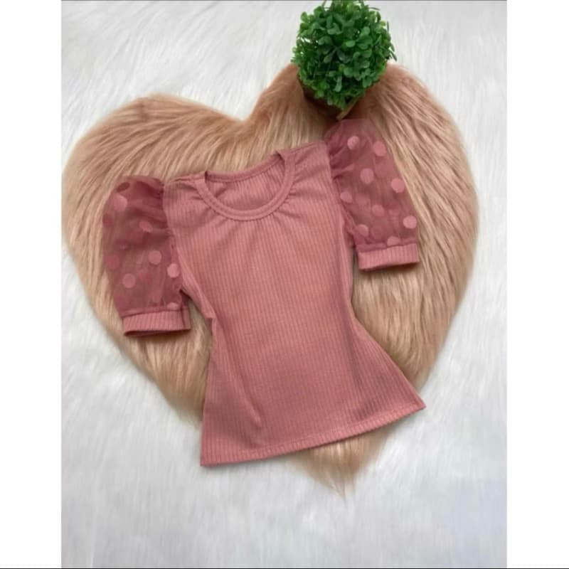 Blusa Canelada Meia Manga Tule Princesa  Infantil Juvenil Do 02 ao 10