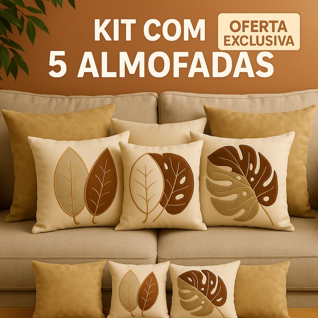 Kit 5 Almofadas Couro Sintético e Linho Boho Luxo Chic Folhas Premium Sala Sofá Decoração Moderna