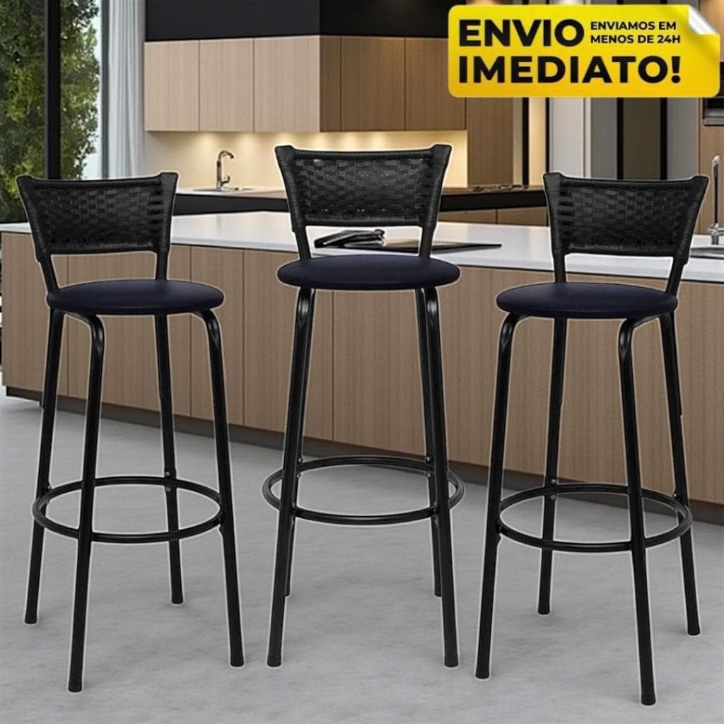 3 Banquetas Altas de Balcão, Bancada, Casa e Cozinha Junco Autentico Moderno Americano
