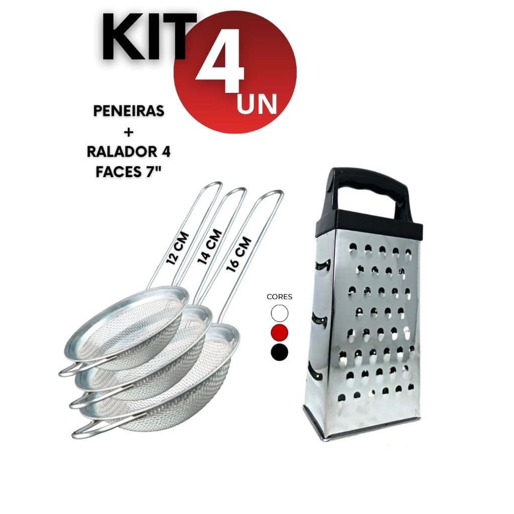 Kit 4 ou 2 Unid. Peneiras + Ralador 4 Faces Inox Coador Fatiador Utensílios Cozinha Cabo Plástico
