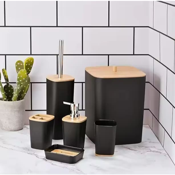Kit Lixeira + Assessórios Banheiro Lavabo Detalhes Em Bambu Com 6 Peças Saboneteira Porta Escovas