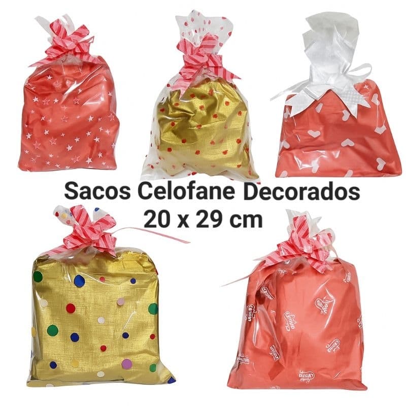 10 Sacos Celofane 20x29 cm Com Desenhos Corações Estrelas Laços Presente