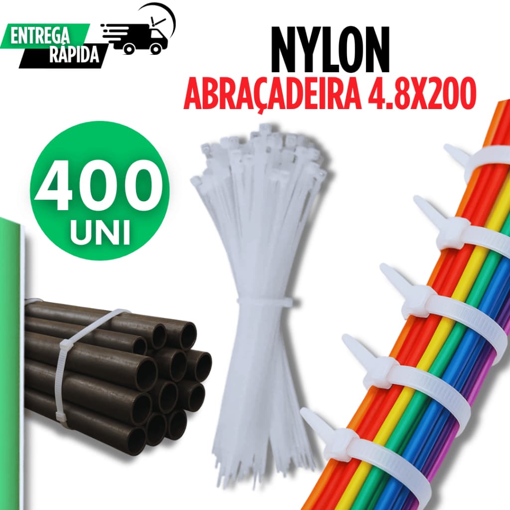 KIT 400 Abraçadeira Nylon 4.8X200MM Branca Enforca Gato Cinta Presilha 20cm Lacre Branco Variáveis